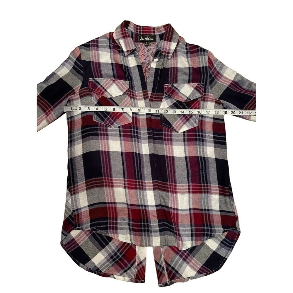 Sam Edelman Womens Riley Button Front Shirt Multicolor Plaid Lace Split Back XS - Picture 10 of 11